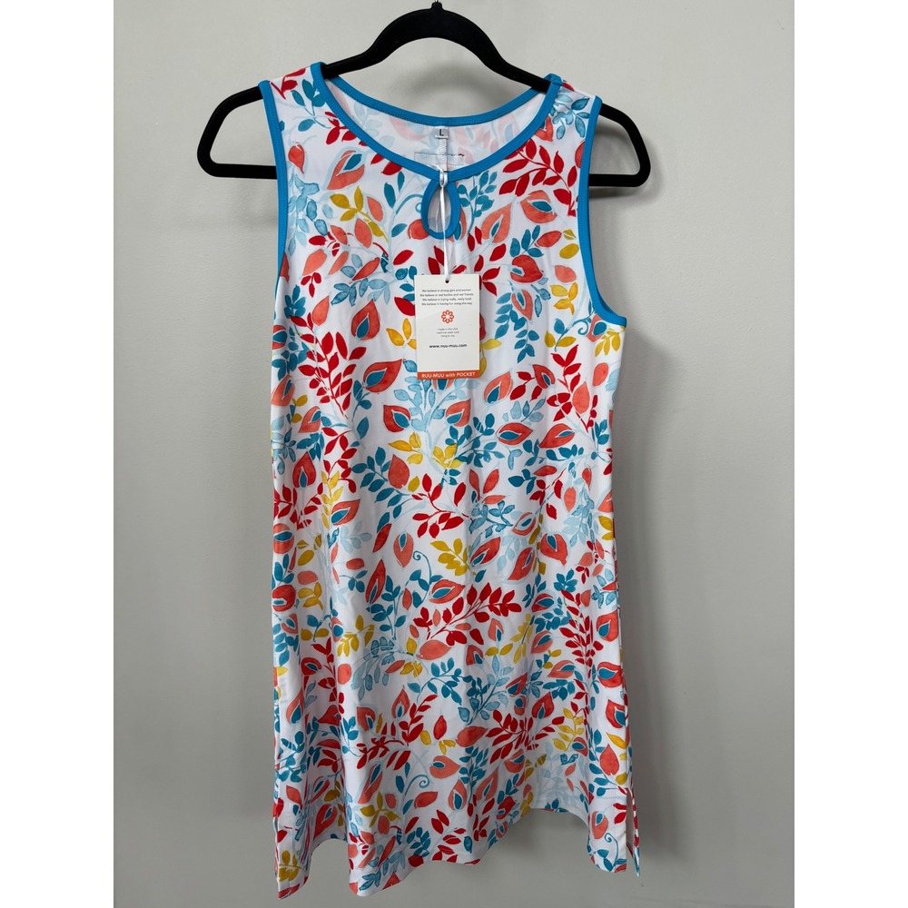 Nuu-Muu Athletic Dress Floral Leaf Print Back Pocket Red Blue Yellow L